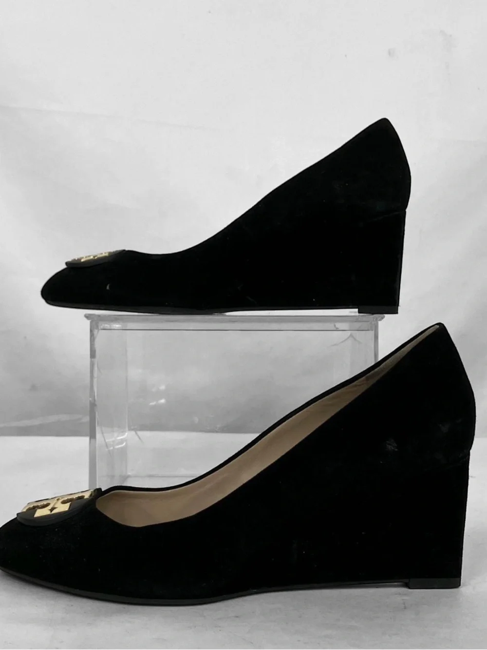 Tory Burch Black Suede wedges with Gold Logo Medallion